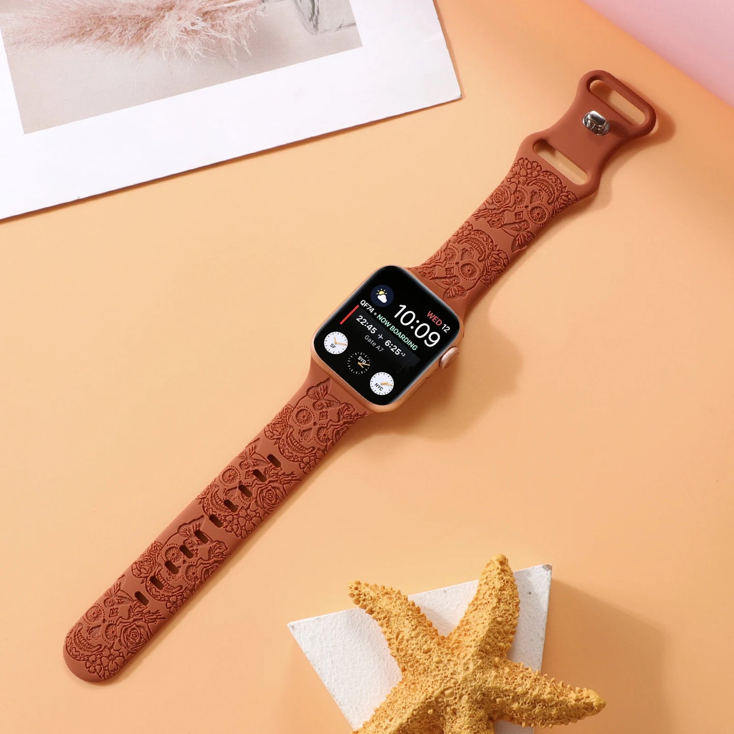 Skull Engraved Strap For Apple Watch Band Ultra 2 49mm 45 44 40 41 42 38mm Floral Silicone Bracelet For iWatch Series 8 9 765 SE