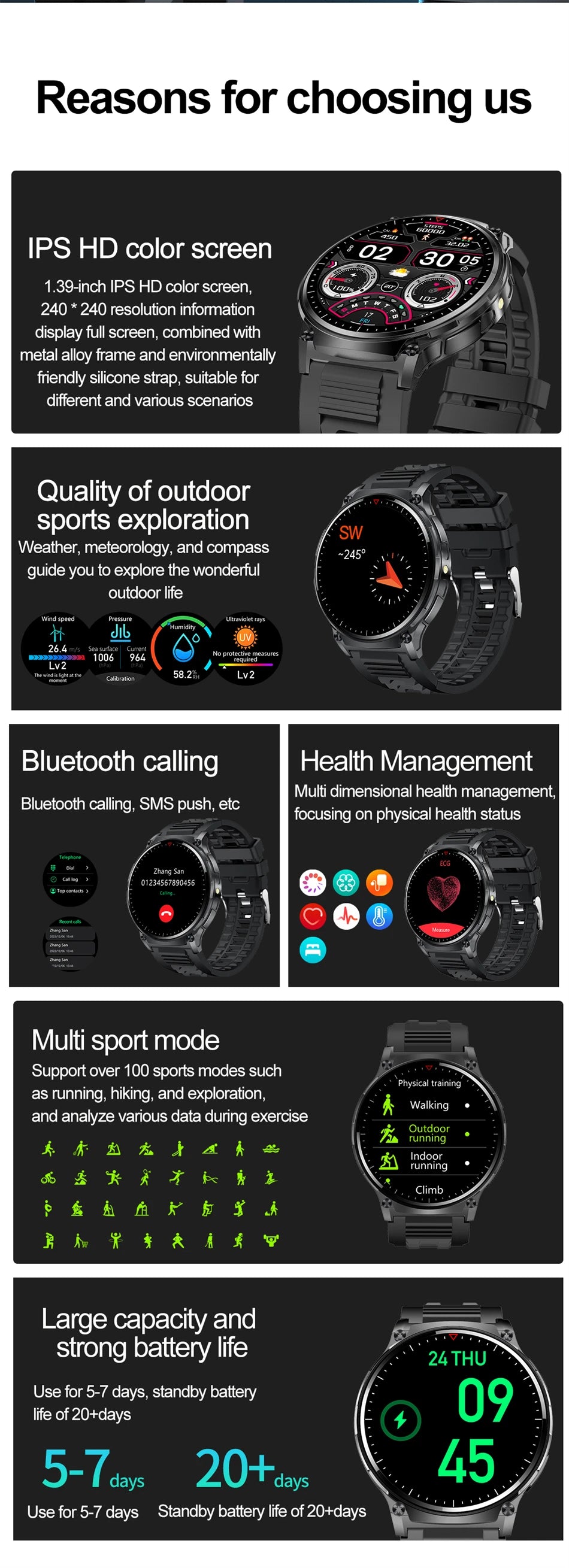 2024 New Compass Smart Watch Men Women Flashlight HD Screen Bluetooth Call GPS NFC 100+ Sport modes Heart rate Smartwatch Man