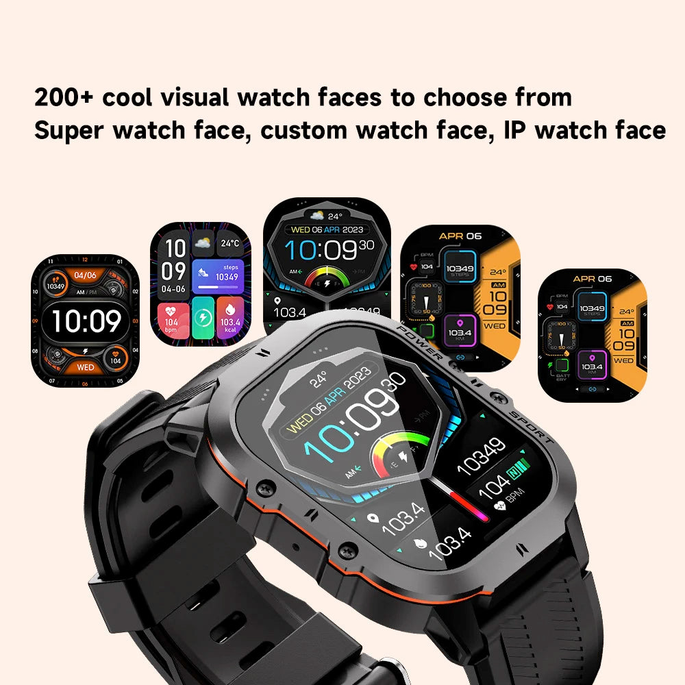 2024 New 1.96" AMOLED Men Outdoor Sports Smart Watch Blue Tooth Call Heart Rate 350Mah 1ATM Waterproof Watches Music Smartwatch