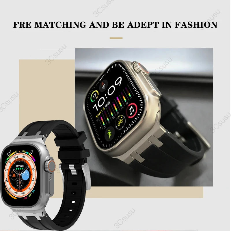 Titanium Color Metal Head Silicone Band for Apple Watch Ultra 2 49mm 45/44/42mm Rubber Strap for Iwatch Series 9 8 7 6 5 4 Se 3