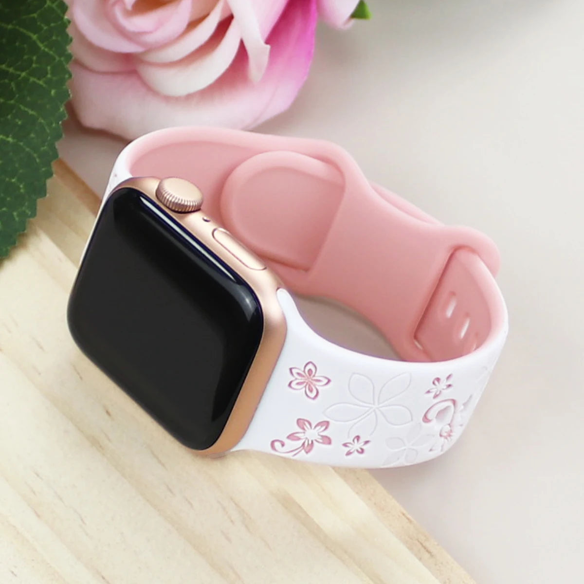 Silicone Strap for Apple Watch Band 41mm 45mm 40mm 44mm Floral Engraved Bracelet for iWatch Series 3/4/5/6/7/8/9/SE/Ultra 2 49mm