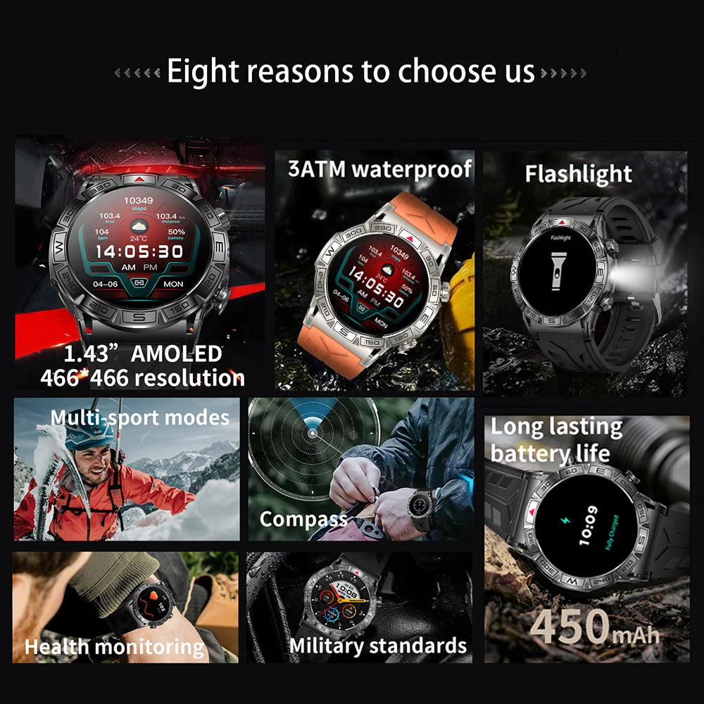 SKMEI 2024 Men Flashlight Smart Watch Compass Sport Waterproof Smartwatch Bluetooth Call Smartwatches 450mAh Battery Wristwatch