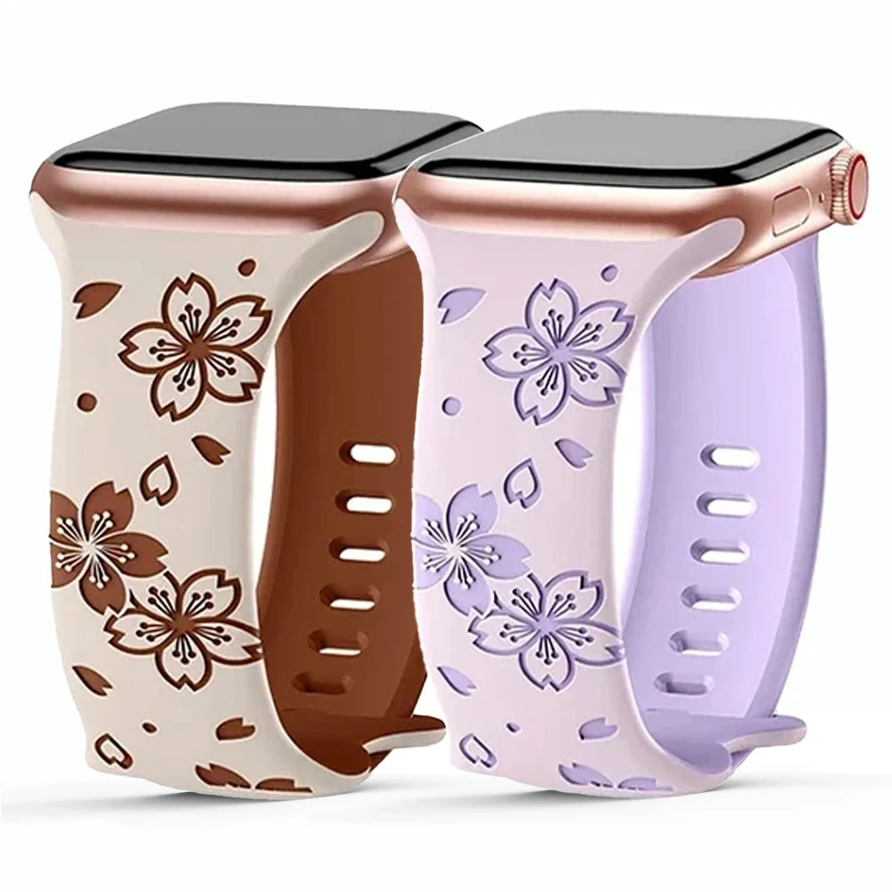 Silicone Band for Apple Watch Series 9 8 7 41mm 45mm Ultra 2 49mm Two-Tone Engraved Floral Strap for iWatch 6 5 4 Se 40 42 44 mm