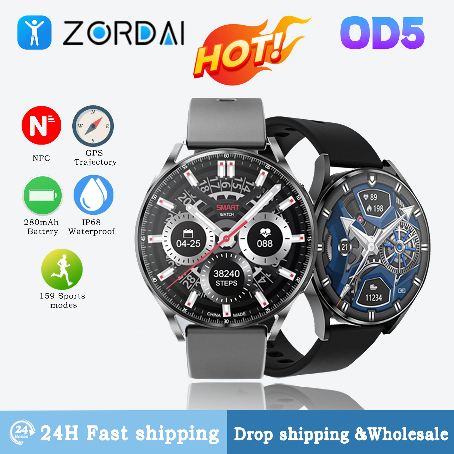 2024 Zordai OD5 Smart Watch Heart Rate GPS Sport Fitness Waterproof Voice BT Call NFC Smartwatch for Men Women ladies