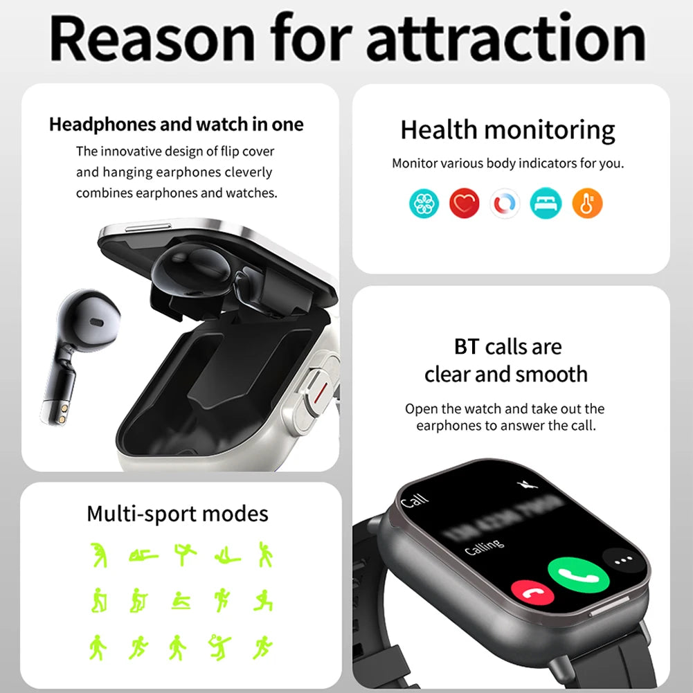 2024 NEW D8 2 In 1 Smart Watch With Earbuds With 2” Touchscreen Payment Function Heart Rate Blood Pressure Monitor For Men Women