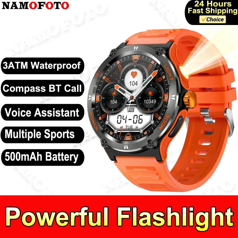 2024 New Flashlight Smart Watch Men Outdoor Sports Clock 3ATM Waterproof Wristwatch Blood Pressure HR Monitor BT Call Smartwatch