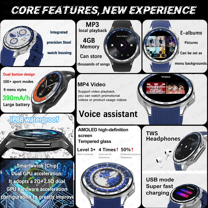 2024 New Smartwatch Men 3D Surround Vision Waterproof Smart Watch 4GB RAM AMOLED Screen Video Music Bluetooth Call Smart Watch