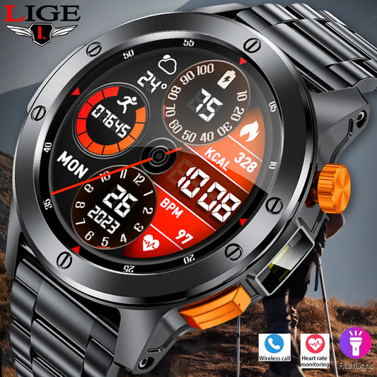 2024 New Smart Watch AMOLED Smart Watch Men with Flashlight Sports Waterproof Fitness Tracker Bluetooth Call Smartwatch Man+Box