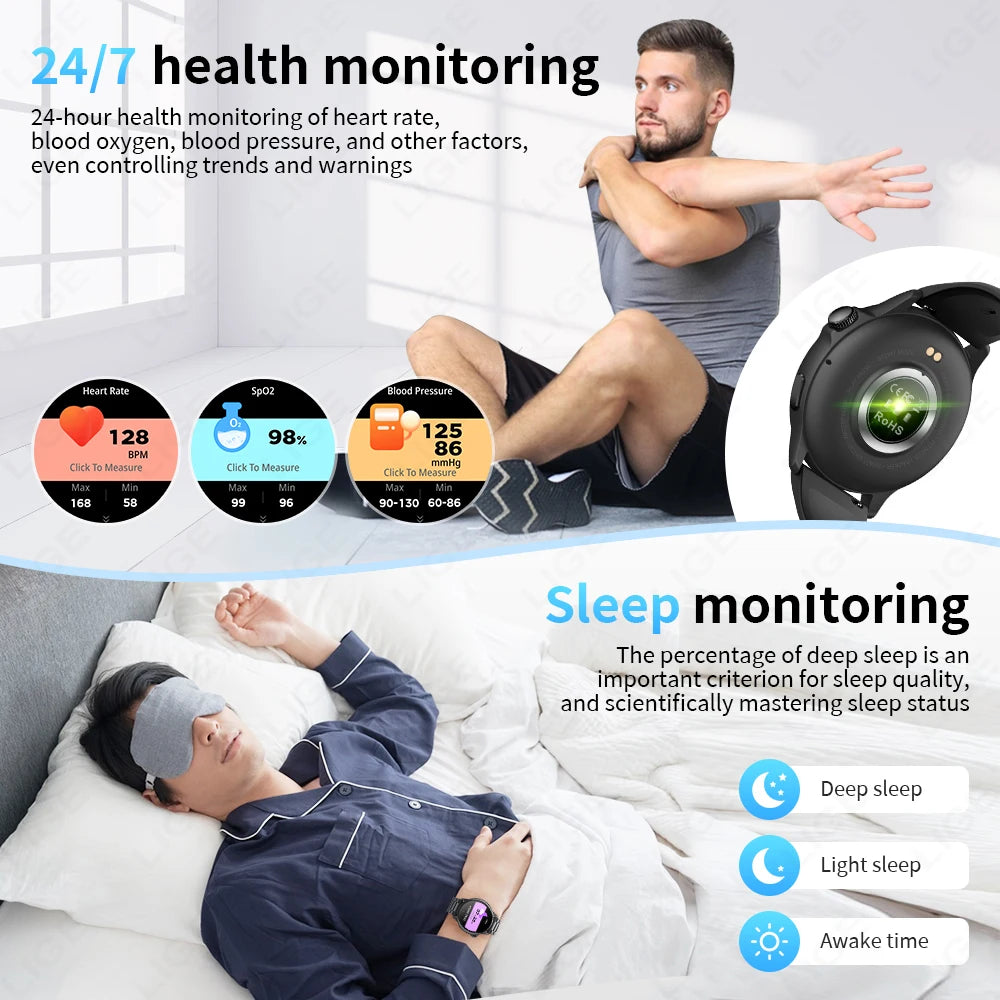 LIGE Men Women Smart Watches Bluetooth Call Waterproof Sports Smartwatch Heart Rate Monitoring Bracelet AI Voice Assistant 2024