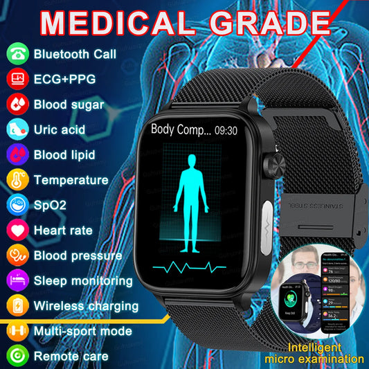 2024 AI Medical Diagnosis Body Fat Blood Lipids Uric Acid Blood Glucose Smart Watch Men ECG+PPG Voice Bluetooth Call Smartwatch