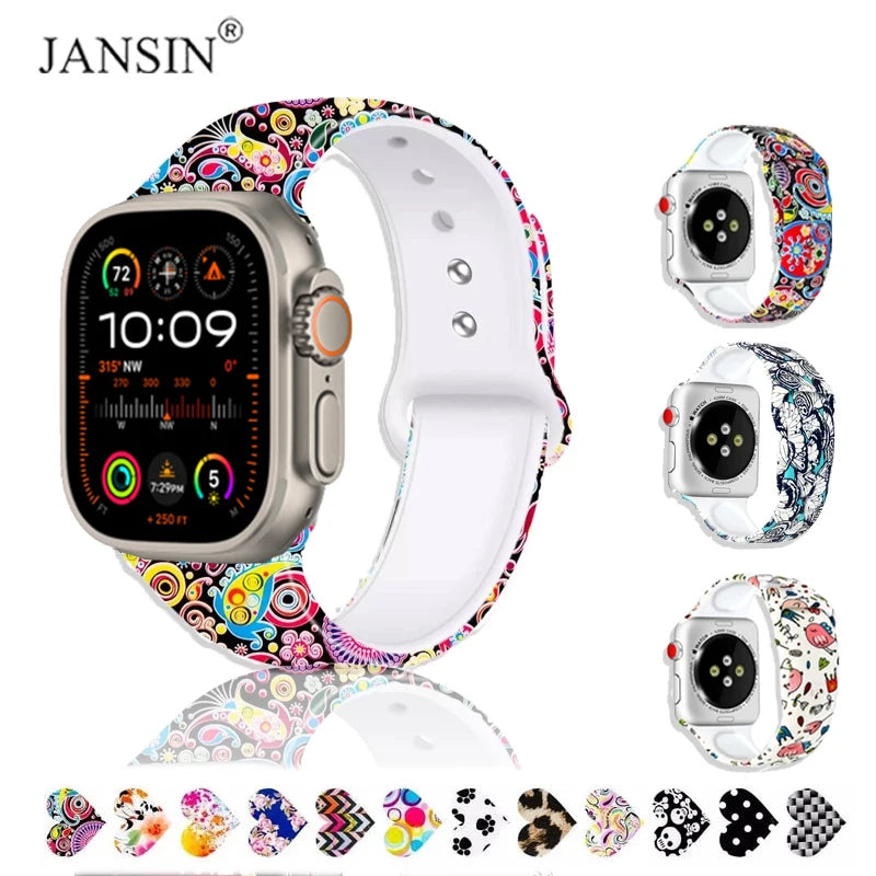 Printed Strap For Apple Watch 9 41mm 45mm Ultra 2 49mm Silicone Band For iWatch SE 8 7 6 38mm 42mm 40mm 44mm Wristband Bracelet