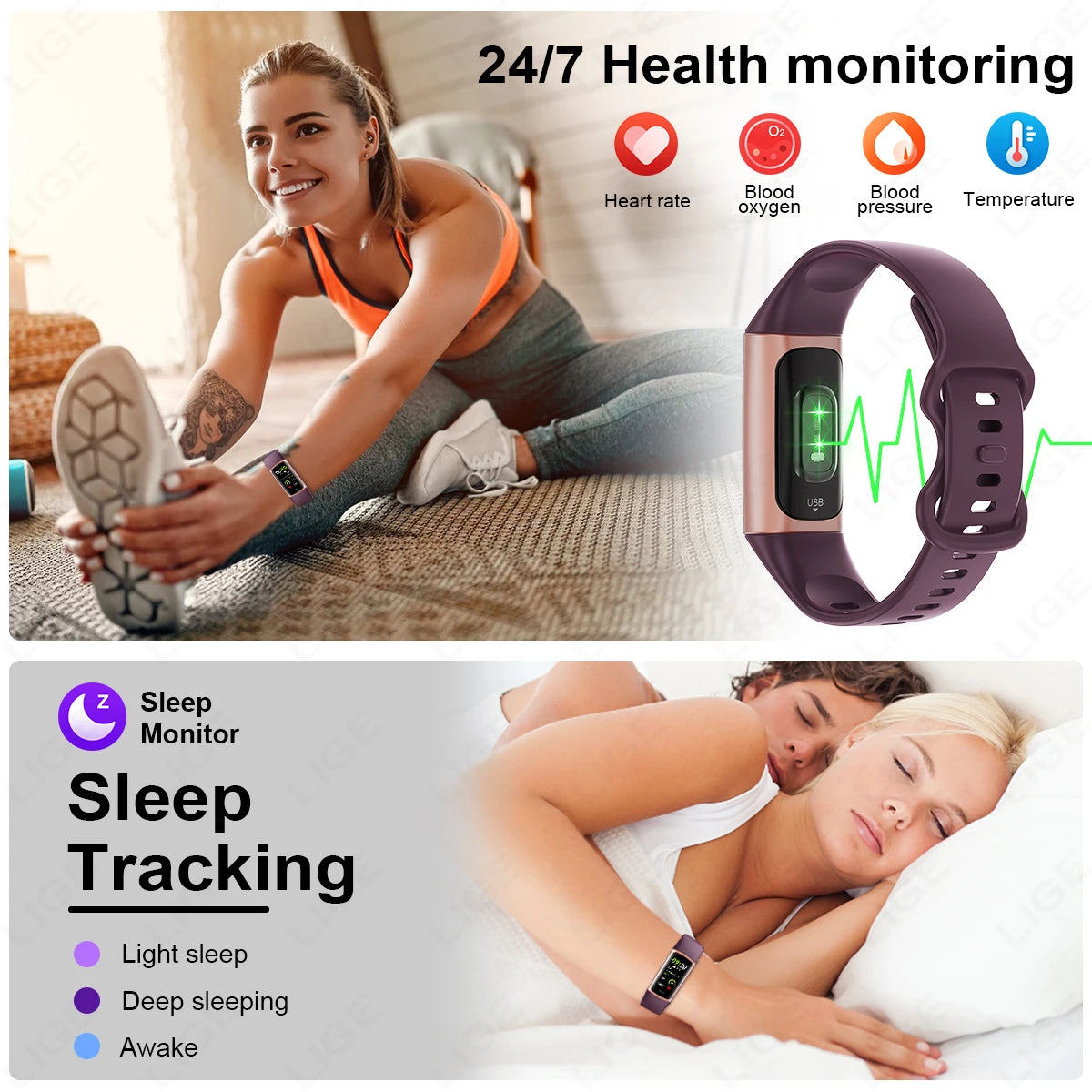 LIGE 2024 Smart Wristband Sport Fitness Heart Rate Tracker Smartwatch AMOLED Screen Waterproof Smart Bracelet For Men Women New