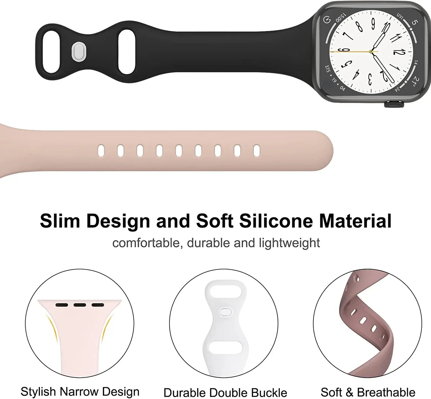 Slim Strap for Apple Watch Band Ultra 2 49mm 45mm 44mm 42mm 40mm 41mm Fine Silicone Bracelet for IWatch Series 9 8 7 6 SE 5 4 3