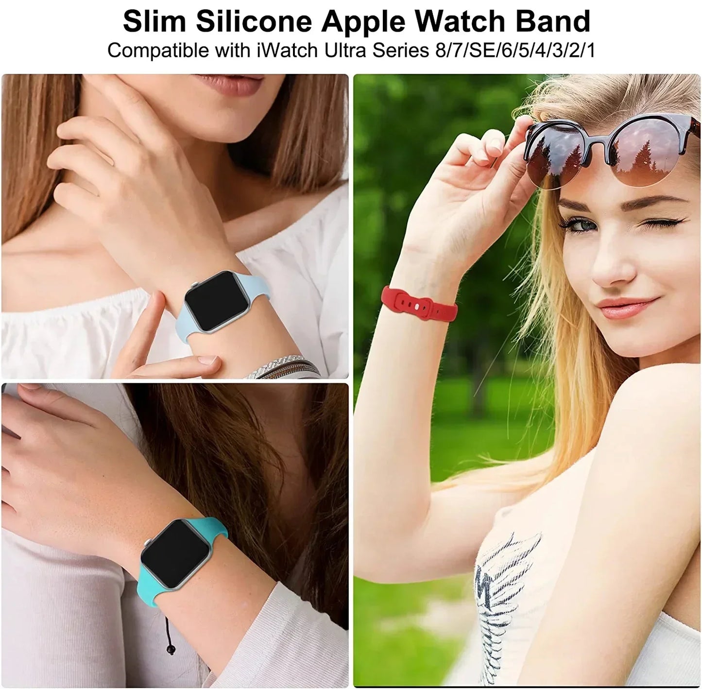 Slim Strap for Apple Watch Band Ultra 2 49mm 45mm 44mm 42mm 40mm 41mm Fine Silicone Bracelet for IWatch Series 9 8 7 6 SE 5 4 3