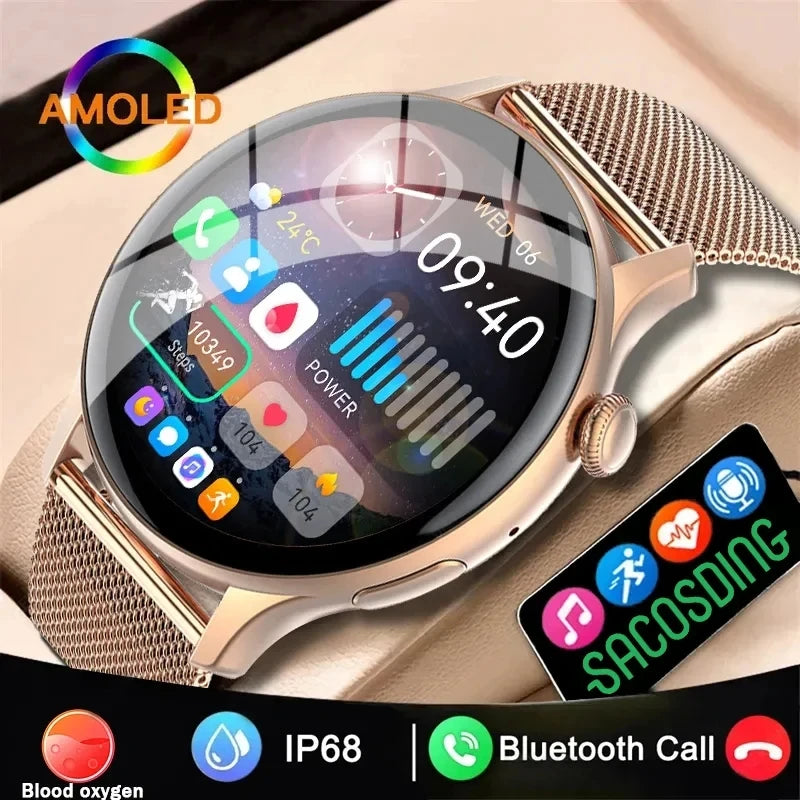 2024 Bluetooth Call Women Smart Watch AMOLED Full Touch Fitness IP68 Waterproof Men Smartwatch Lady Clock + box For Android IOS