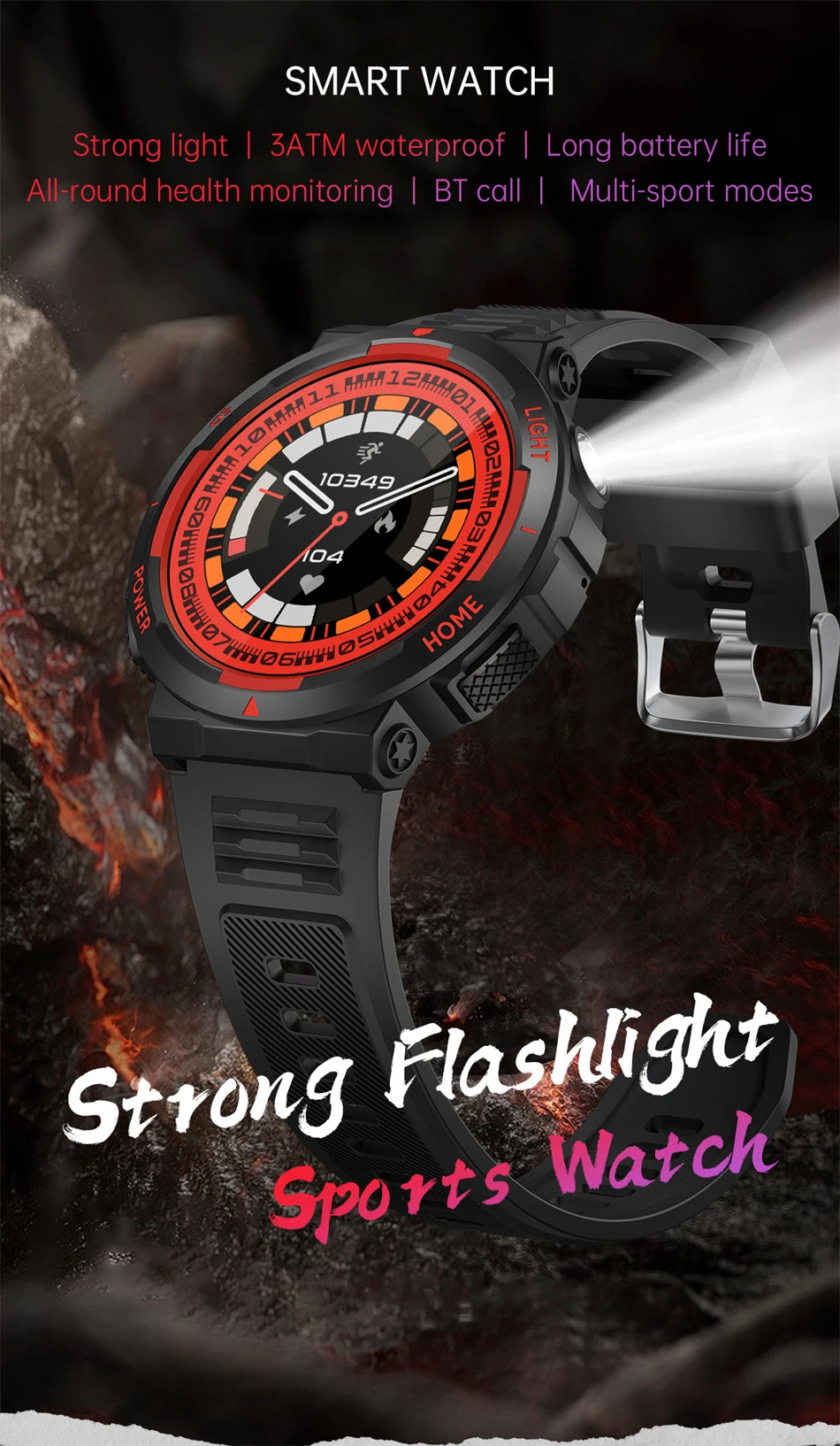 2024 New Rugged Military With LED Flashlight Smart Watch Men Heart Rate Bluetooth Call Waterproof Outdoor SmartWatch For HUAWEI