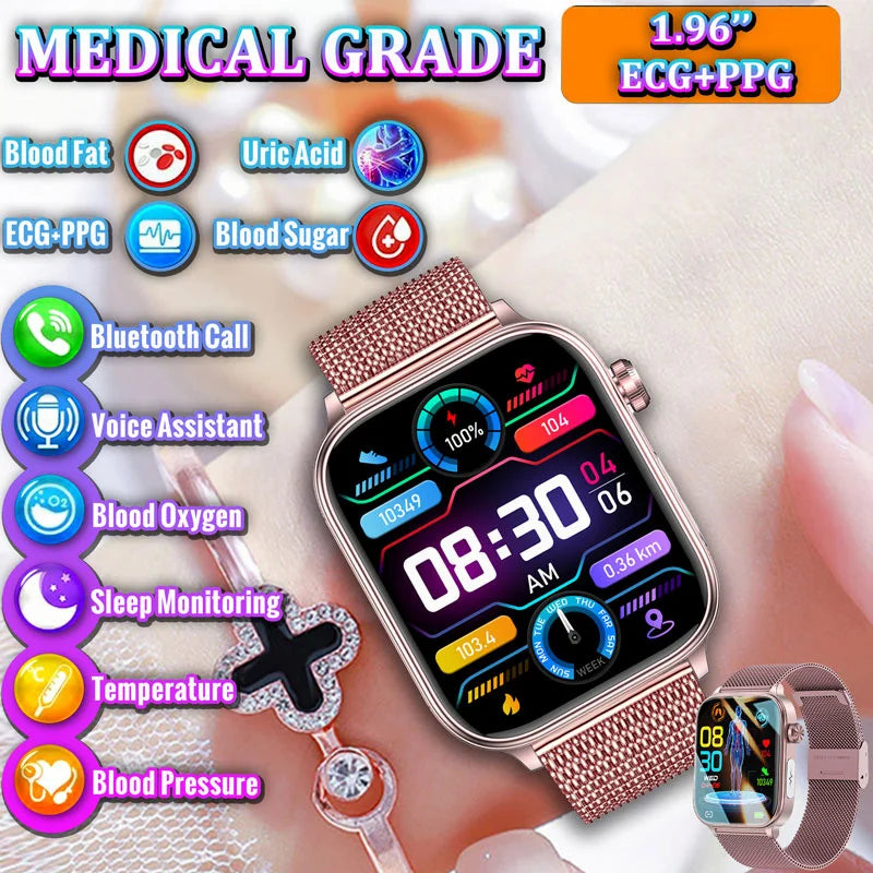 2024 New ECG PPG Smartwatch Women Uric Acid Non-Invasive Blood Glucose Bluetooth Call Heart Rate Pressure Smart Watch for Ladies