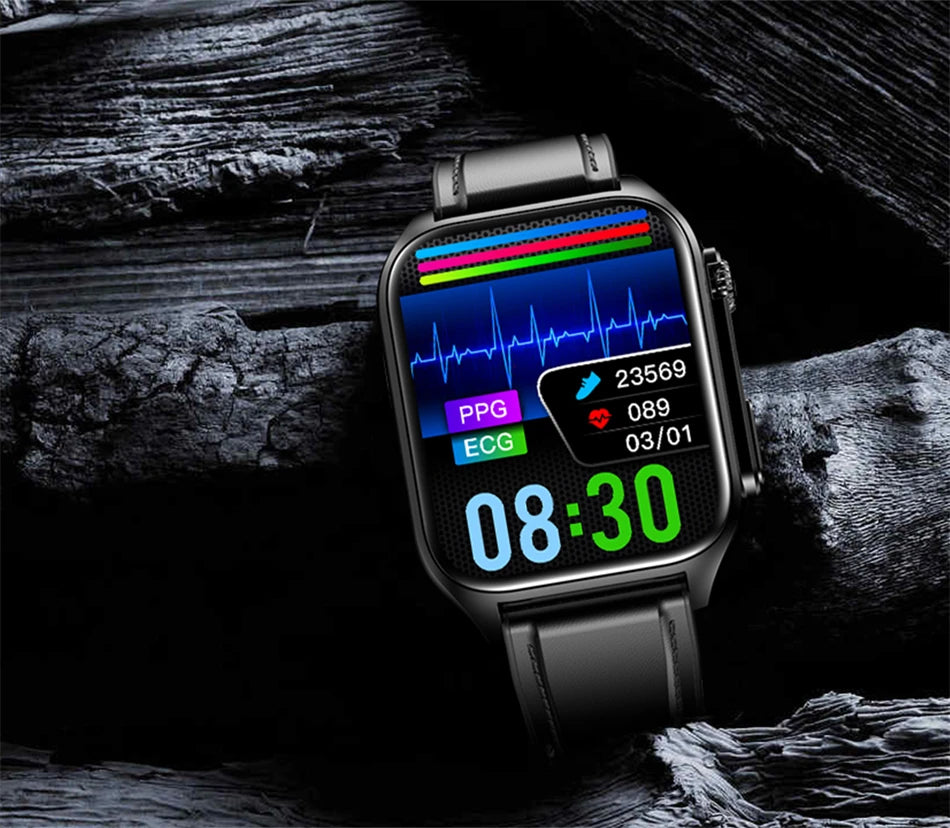 2024 New Non-invasive Blood Sugar Smartwatch Men Voice Calling Wristwatch Body Temperature Stress Test ECG+PPG Waterproof Watch