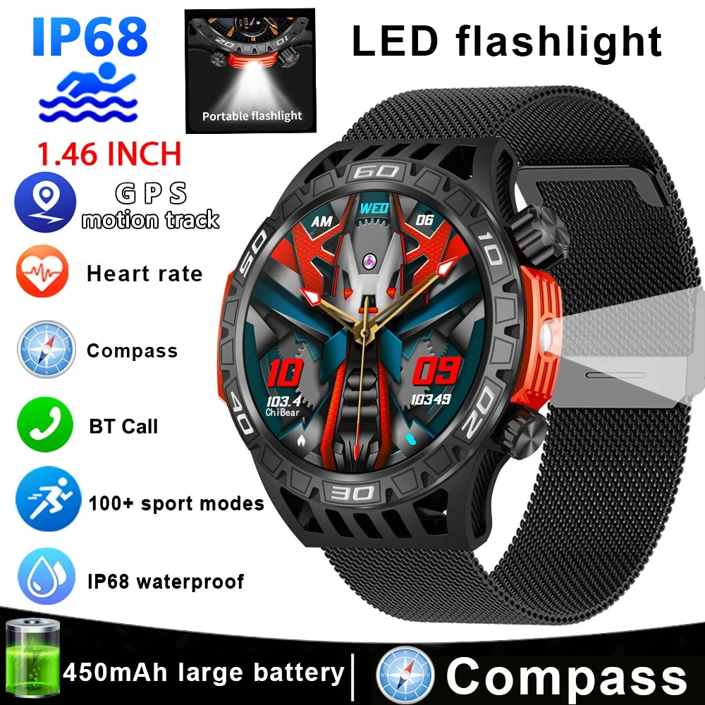 New Smart Watch Men With LED Flashlight Sports Fitness Watch IP68 Waterproof Health Monitoring Bluetooth Call Smartwatch 2024