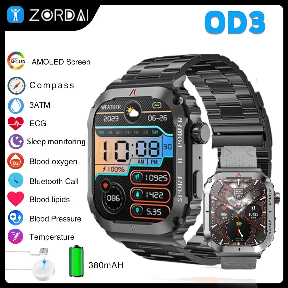 Zordai OD3 2024 New For Xiaomi Military Smart Watch Men IP68 5ATM Outdoor Sports Fitness Tracker 24H Health Monitor Smartwatch