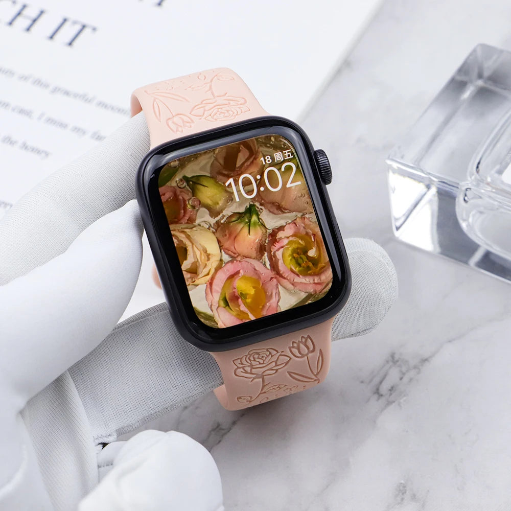 Fashion Engraved Strap for Apple Watch Ultra 2 Band 49mm 45mm 44mm 40 41mm Floral Silicone Bracelet IWatch Series 9/8/7/6/5/4/se