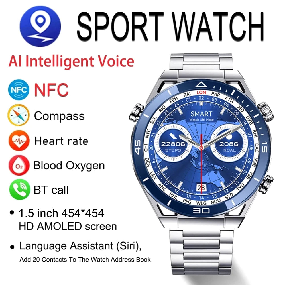 2024 New  NFC Smart Watch Men GPS Sport Track Fitness Watches Outdoor Compass Bluetooth Call HD Full Touch Screen Smartwatch