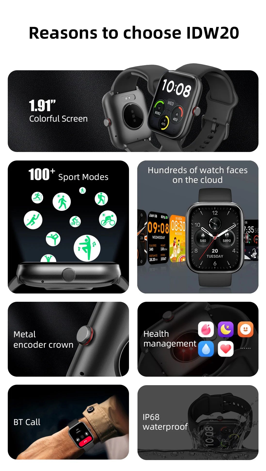 ZZYSMART 2024 New IDW20 Smart Watches For Men Women Bluetooth Call Smartwatch Build-in Alexa 5ATM IP68 Waterproof Heart Rate