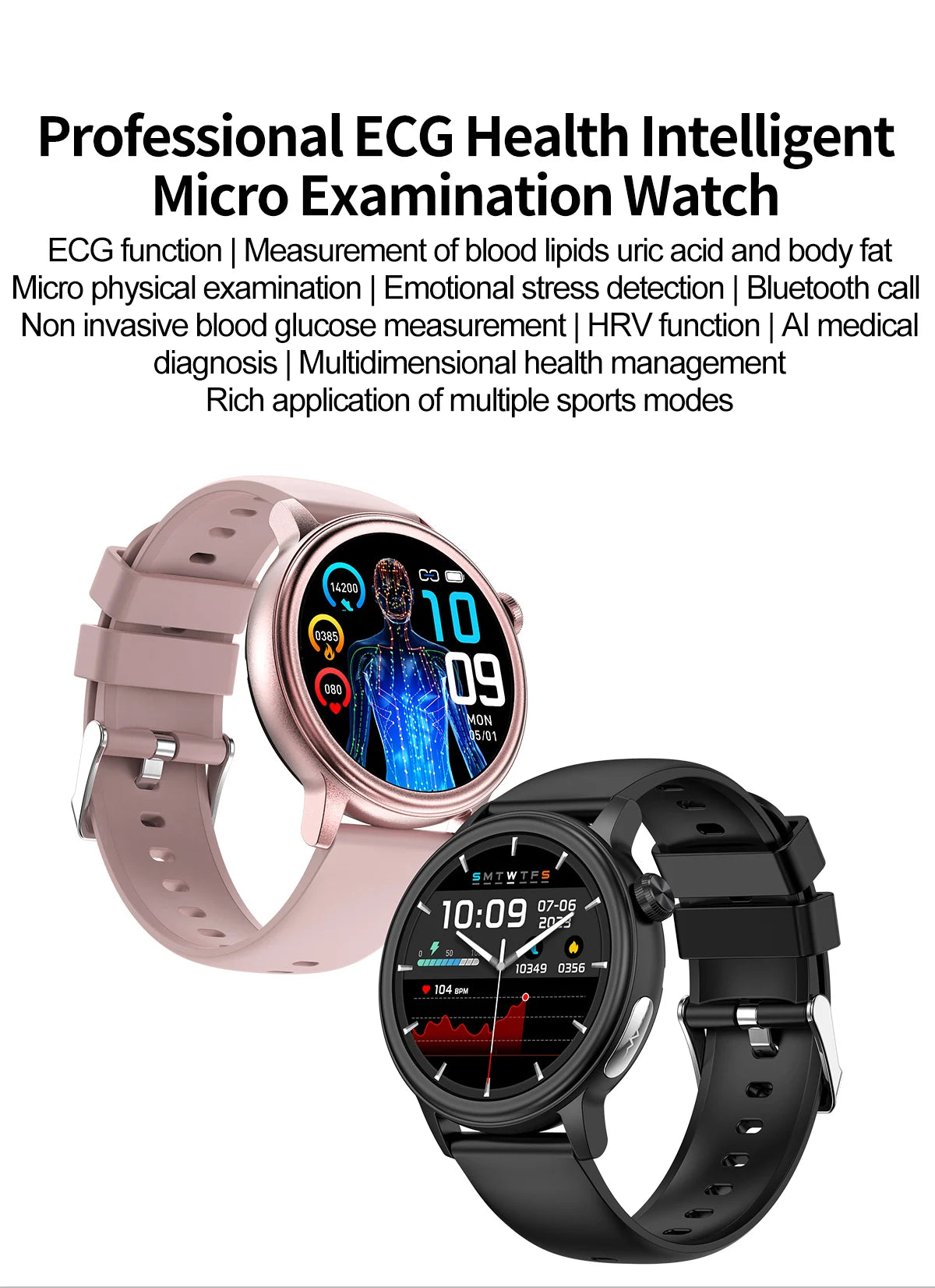 2024 New Blood Lipids Uric Acid Blood Glucose Smart Watch Men ECG+PPG HD 360*360 Full Screen Touch Bluetooth Call Smartwatch