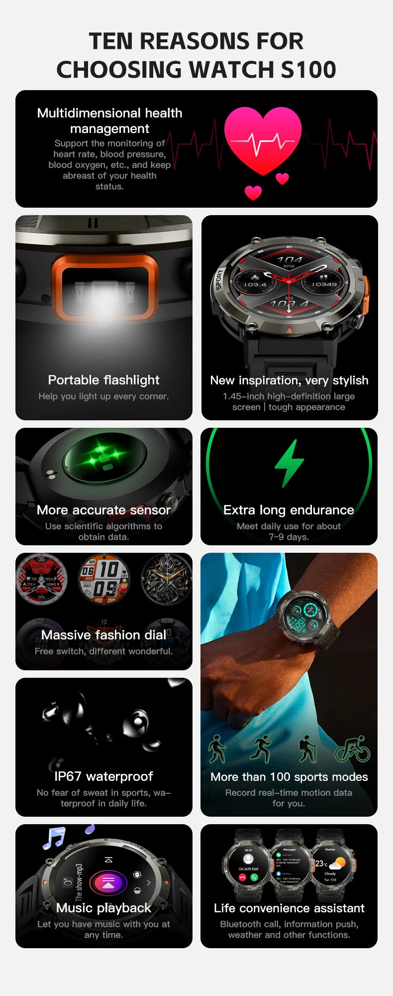 XLJBL 2024 Outdoor Smartwatch For Huawei Xiaomi GT4 Pro Watch Men Blood Pressure Health 100+Sports Bracelet With LED Flashlight