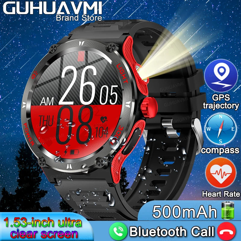 2024 For HUAWEI Xiaomi Smart Watch Men Outdoor GPS Sport Trajectory Compass LED Flashlight 3ATM Waterproof BT5.3 Call Smartwatch