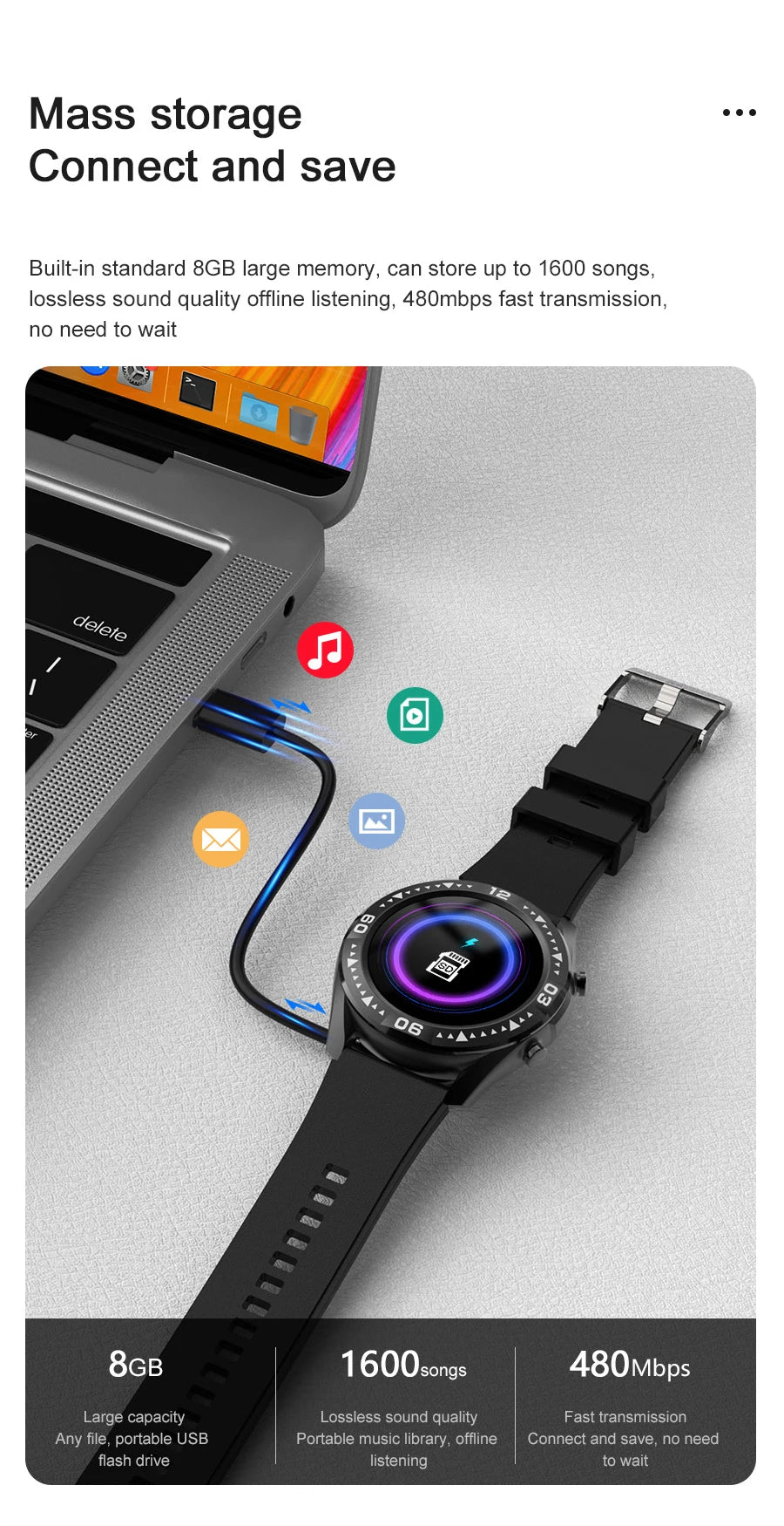 2024 New Smart Watch With 8G Memory BT Call Full Touch Screen IP67 Waterproof Men Smartwatch For Android IOS HUAWEI XIAOMI Phone