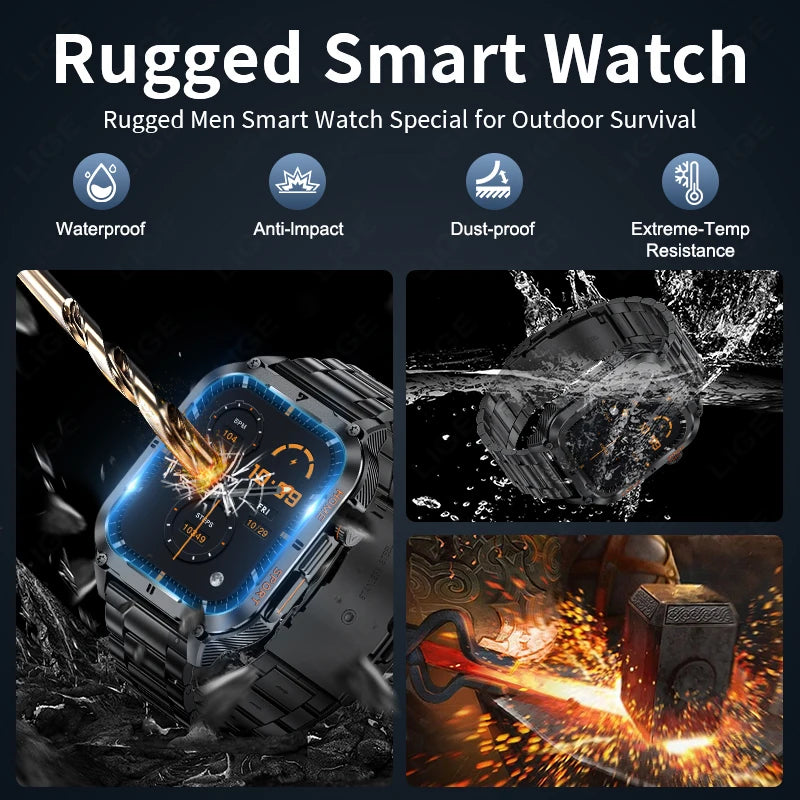 LIGE 2.01" Rugged Military Smart Watch Men For Xiaomi Android IOS Waterproof Sport Fitness Ai Voice New Smartwatch Outdoor 2024