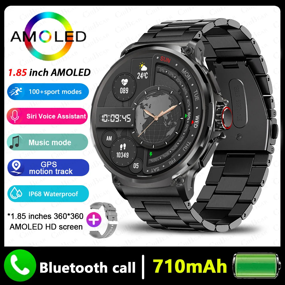 2024 New 1.85" HD Screen Bluetooth Call Smartwatch 710 mAh  Sports Fitness Heart Monitor Waterproof Android IOS Smart Watch Men