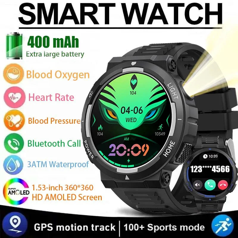 2024 New For HUAWEI Xiaomi Outdoor Sport Smart Watch Men GPS Fitness Compass LED Flashlight 3ATM Waterproof BT Call Smartwatch