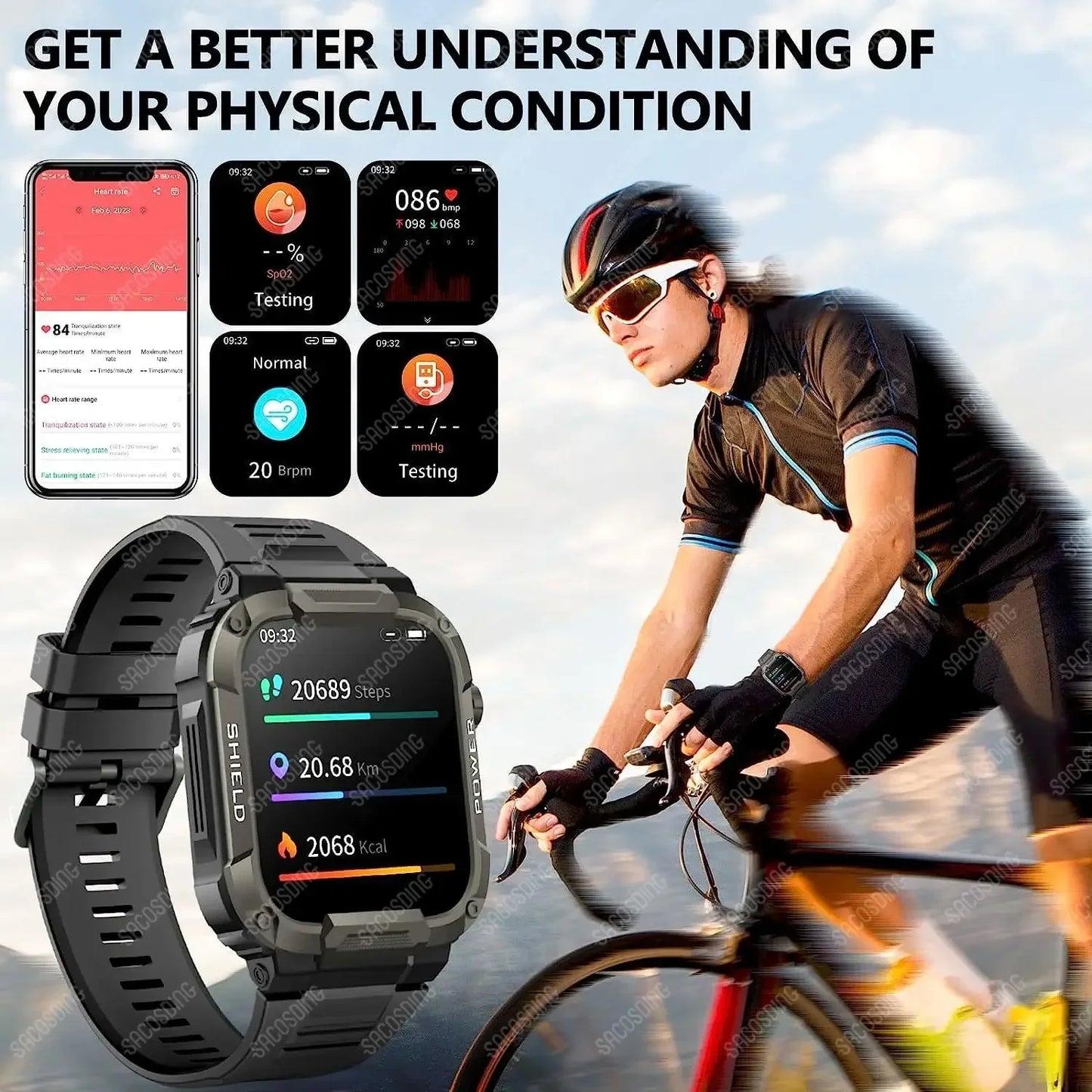 2024 Men Smart Watch Military Healthy Monitor Blood Pressure Smartwatches Bluetooth Call AI Voice Fitness Sports Smartwatch IOS