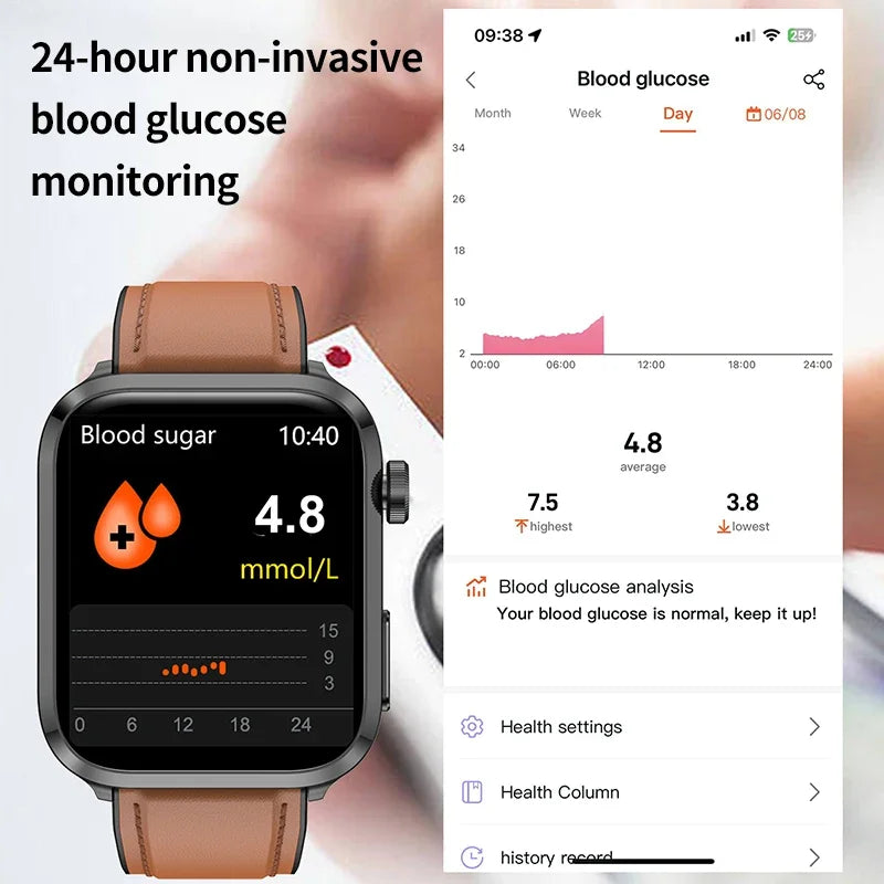 2024 New Laser Therapy Uric Acid Non invasive Blood Glucose Smart Watch Men Bluetooth Call Blood Lipid Blood Oxygen Smartwatch