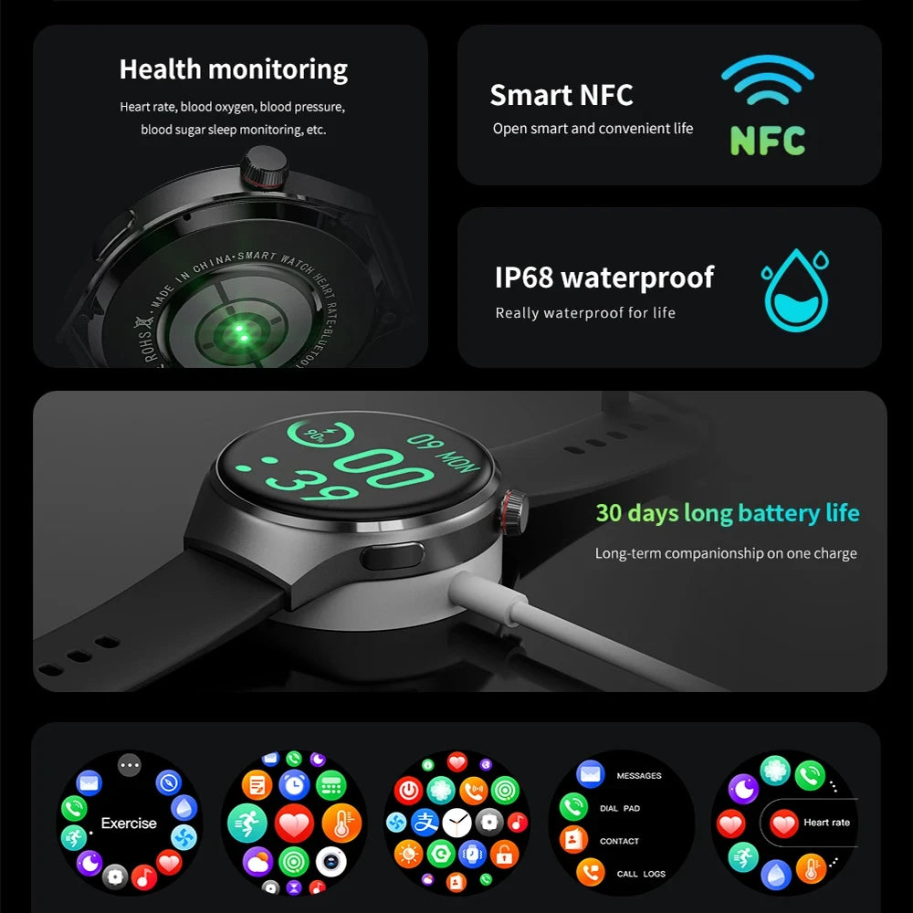 For Huawei GT4 PRO Smart Watch Men Watch 4 Pro AMOLED HD Screen Bluetooth Call GPS NFC Heart rate BloodSugar SmartWatch 2024 New