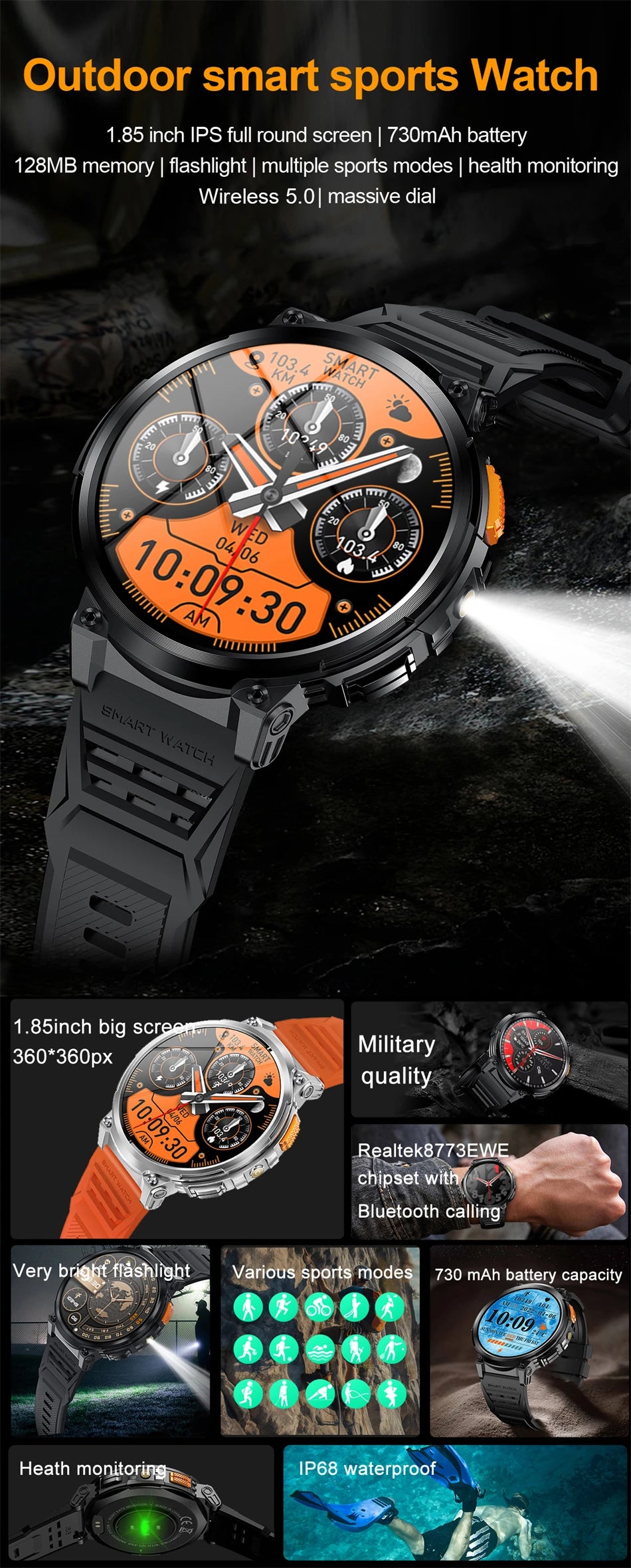 2024 Smart Watch Men 1.85'' Screen Outdoor Sport Heart Rate Flashlight Watch 730mAh Battery Waterproof Wireless Call Smartwatch