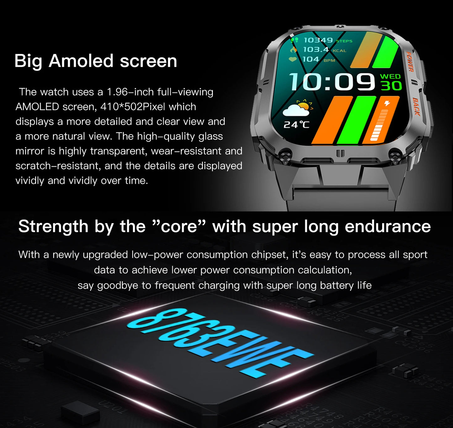 New 1.96-inch AMOLED screen high-definition Bluetooth call for men 2024 smartwatch fitness smartwatch suitable for Android IOS