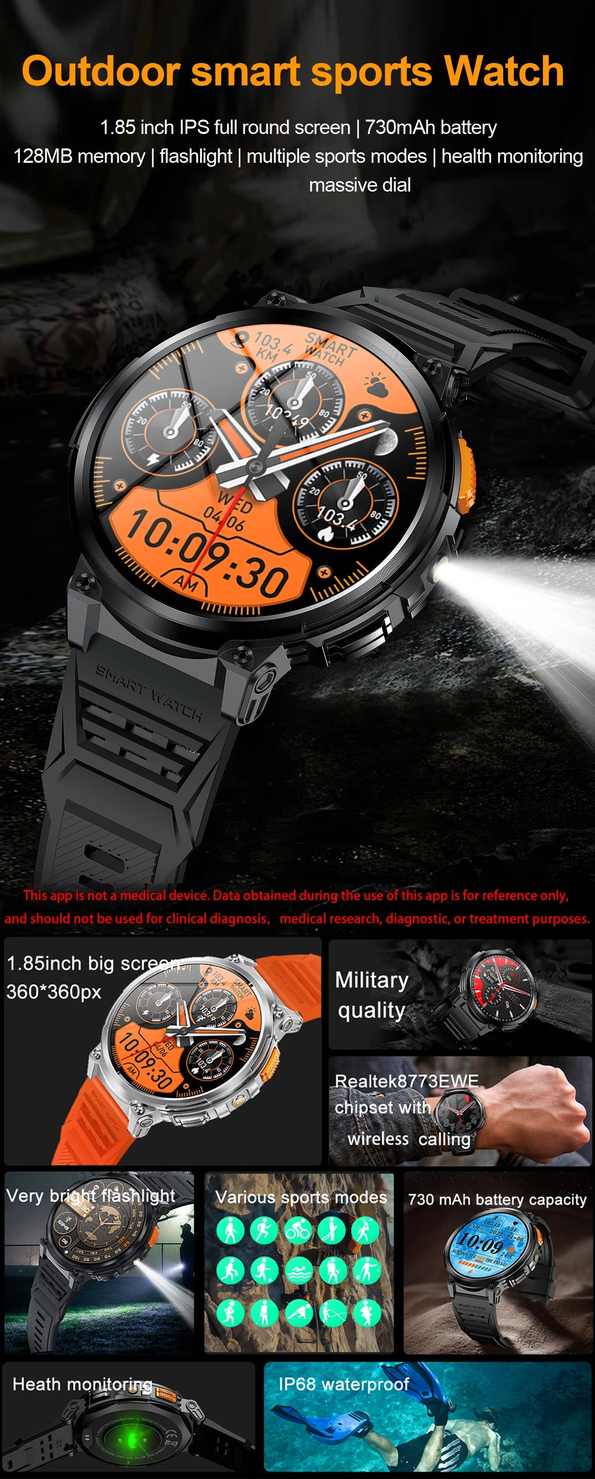 2024 New For Huawei 730mAh Battery Men Smart Watch LED Lighting Bluetooth Call IP68 Waterproof 1.85-inch Ultra Screen Smartwatch