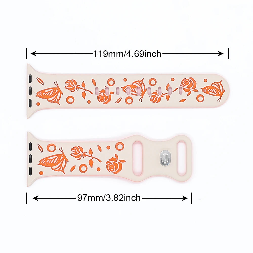 Floral Engraved Strap for Apple Watch Band 38mm 40mm 41mm 42mm 44mm 35mm 49mm Silicone Bracelet Iwatch Series Ultra 9 8 7 SE 6 5