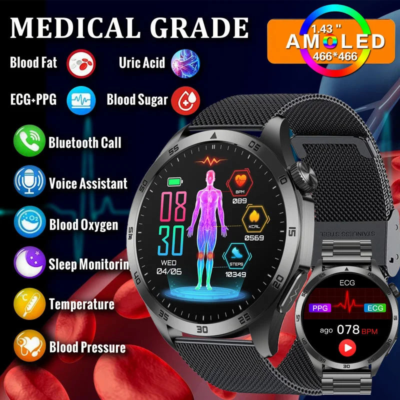 2024 New Blood Glucose Smart Watch for Men ECG Watches Blood Lipids Uric Acid Bluetooth Call Health Smartwatch Fitness Tracker