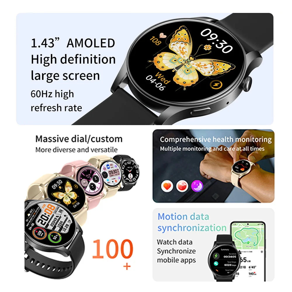 SKMEI 2024 Smartwatch 1.43'' AMOLED Display 107 Sports Modes Voice Calling Smart Watch Men Women Military Fun Games Wristwatches