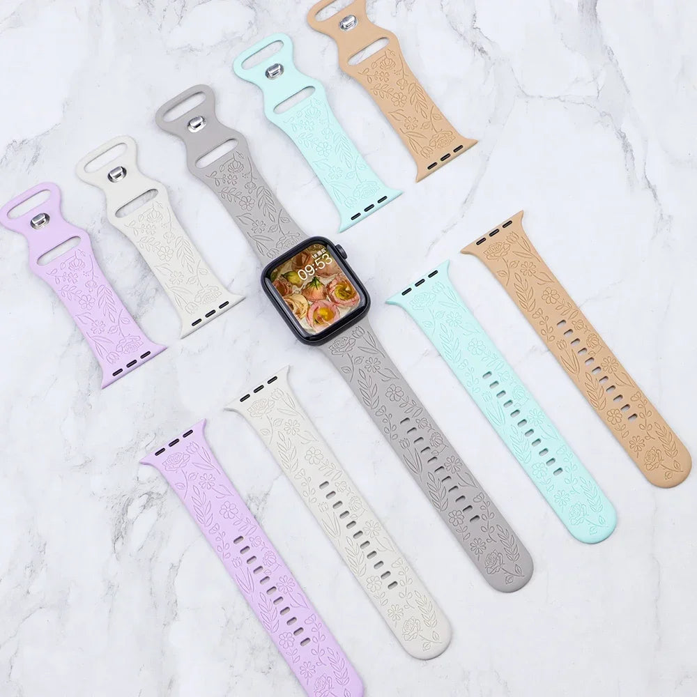 Fashion Engraved Strap for Apple Watch Ultra 2 Band 49mm 45mm 44mm 40 41mm Floral Silicone Bracelet IWatch Series 9/8/7/6/5/4/se