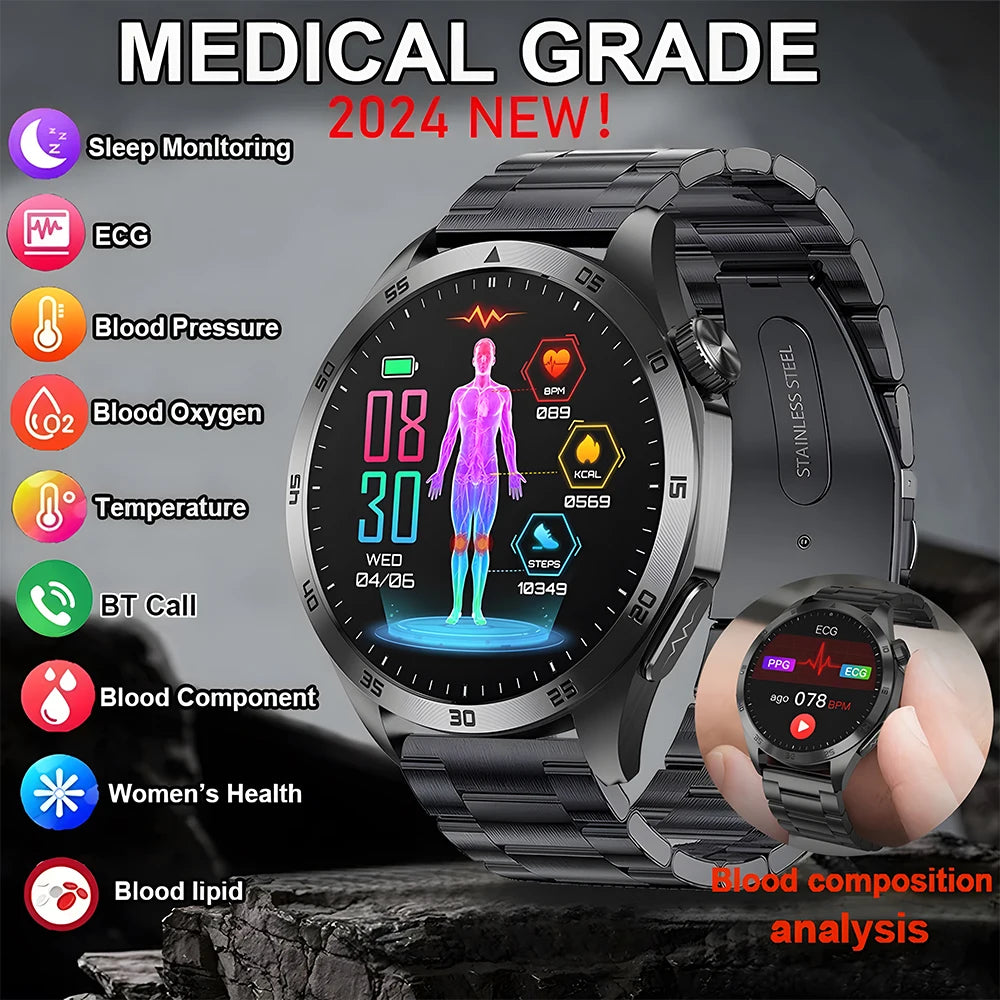 2024 New ECG+PPG Smart Watch Men Blood Lipids Uric Acid Blood Glucose Fitness Tracker Clock Heart Rate Bluetooth call smartwatch