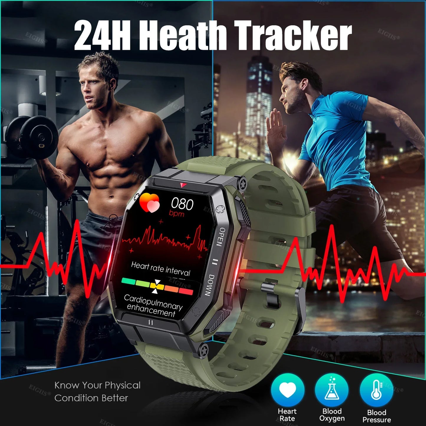 EIGIIS 2024 New Military Smart Watch 1.85'' IPS Screen Men Bluetooth Call Heart Rate Monitor Outdoor IP67 Waterproof Smartwatch