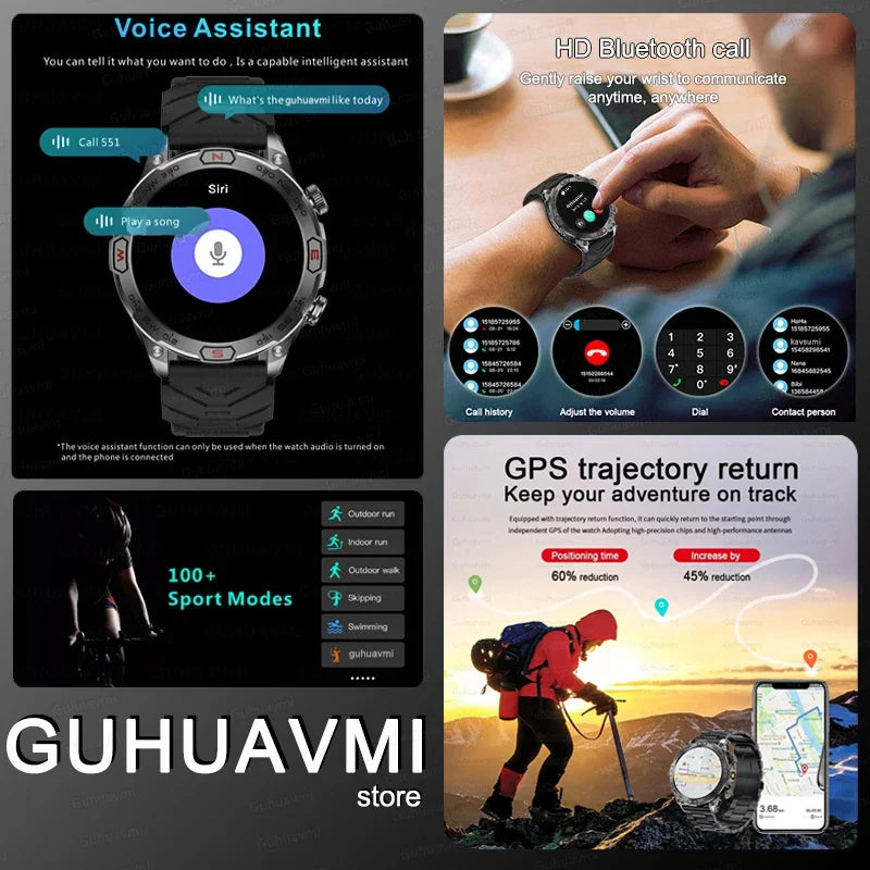 For HUAWEI Xiaomi 1.43" Flashlight Bluetooth Call Smart Watch Men GPS Sport Track Blood Pressure IP68 Waterproof Smartwatch 2024