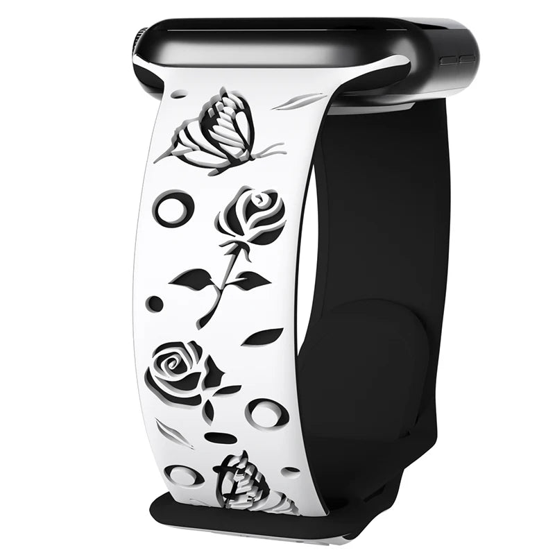 Floral Engraved Strap for Apple Watch Band 38mm 40mm 41mm 42mm 44mm 35mm 49mm Silicone Bracelet Iwatch Series Ultra 9 8 7 SE 6 5