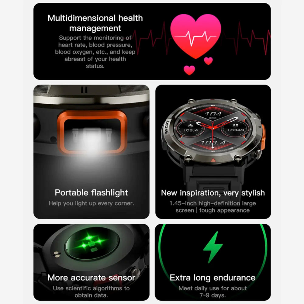 2024 Outdoor Sport Smartwatch Men Flashlight Heart Rate Fitness Bracelet Bluetooth Call Whatsapp Notification Waterproof Watch