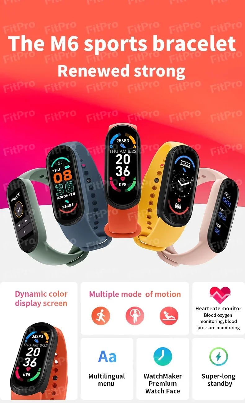 M6 Smart Watch Multifun Smart Band Heart Rate Smartwatch Fitness Tracker Blood Pressure Sport Bracelet for Mi Band 6 Men Women